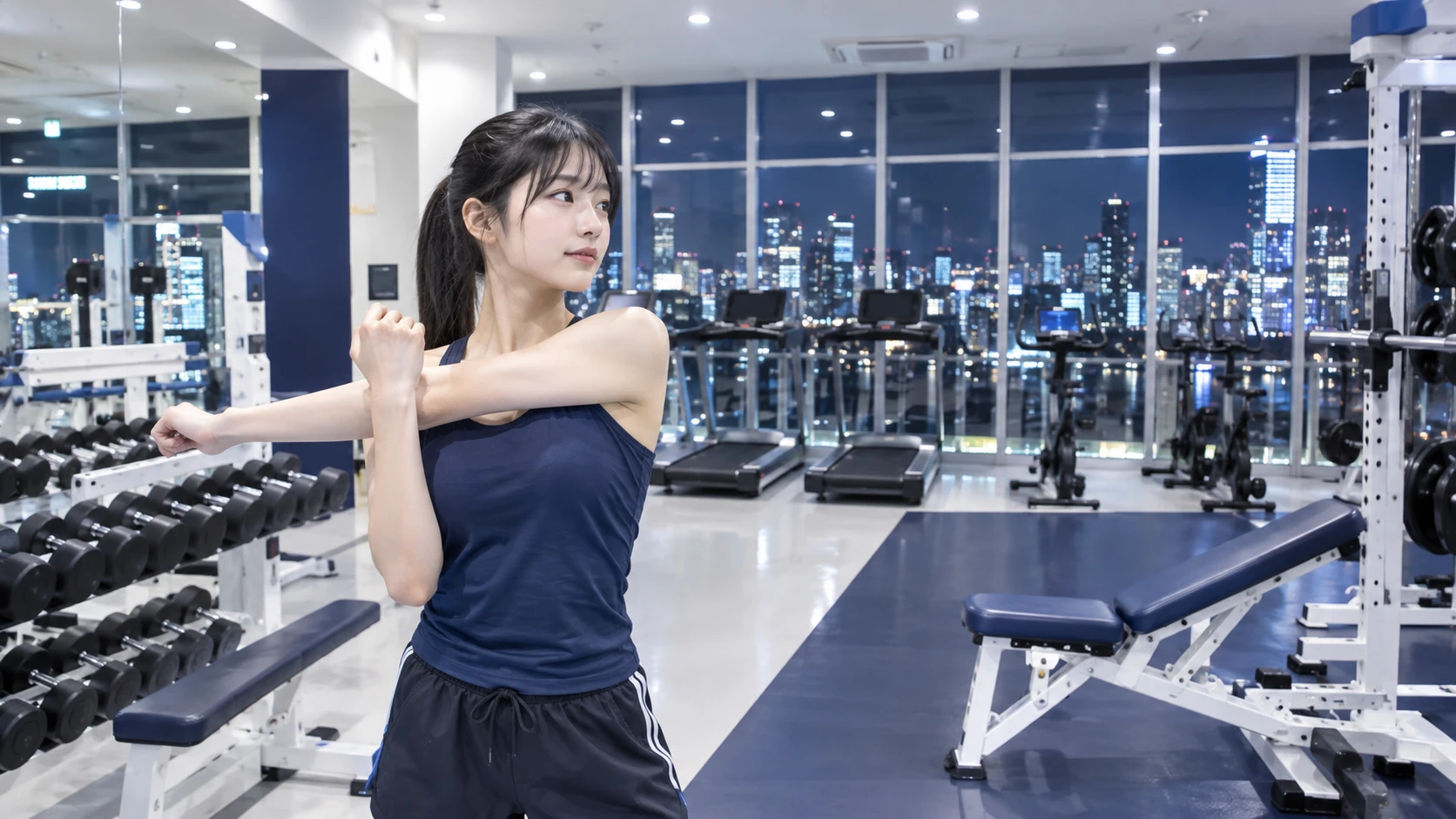 夜景が見えるトレーニングルームでストレッチをする女性